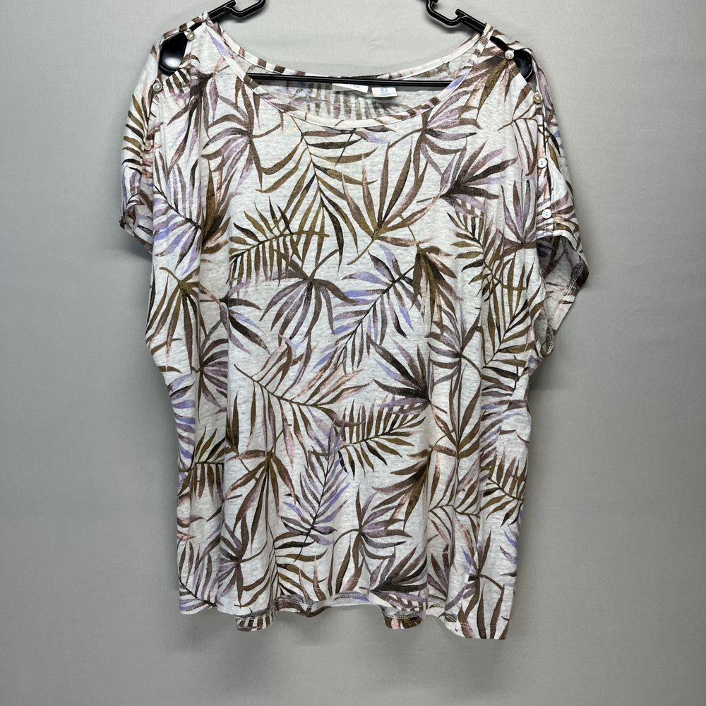 Sigrid Olsen Linen Tropical Palm Leaf Print Short Sleeve Knit Top Lightweight XL